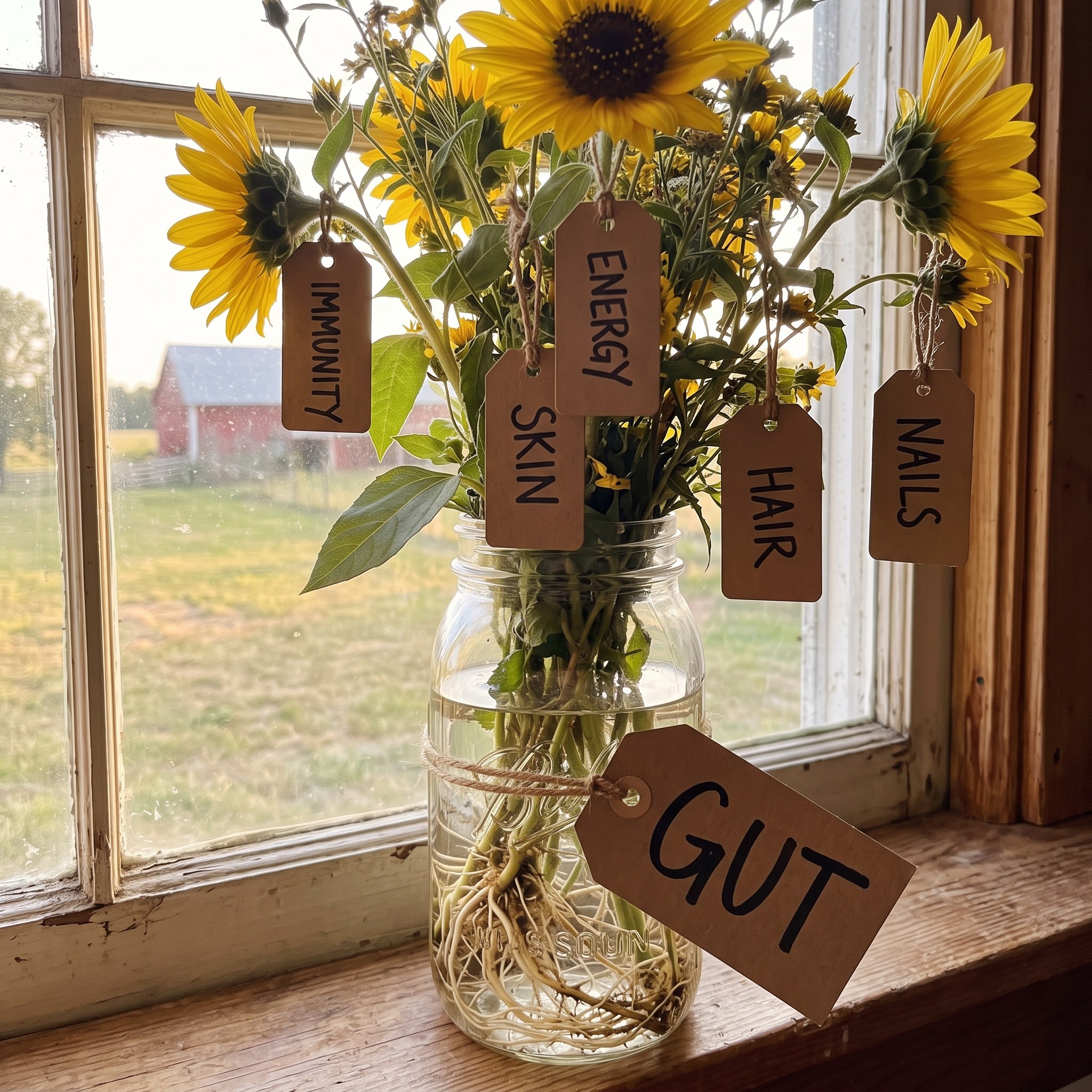 Sunflowers in a mason jar with roots tagged GUT and stems tagged immunity, energy, skin, hair and nails