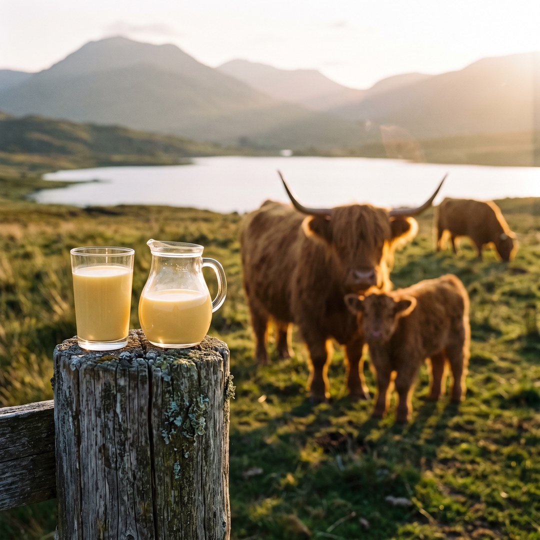Highland cow and calf in a golden-hour mountain pasture with a glass and pitcher of golden colostrum on a fence post