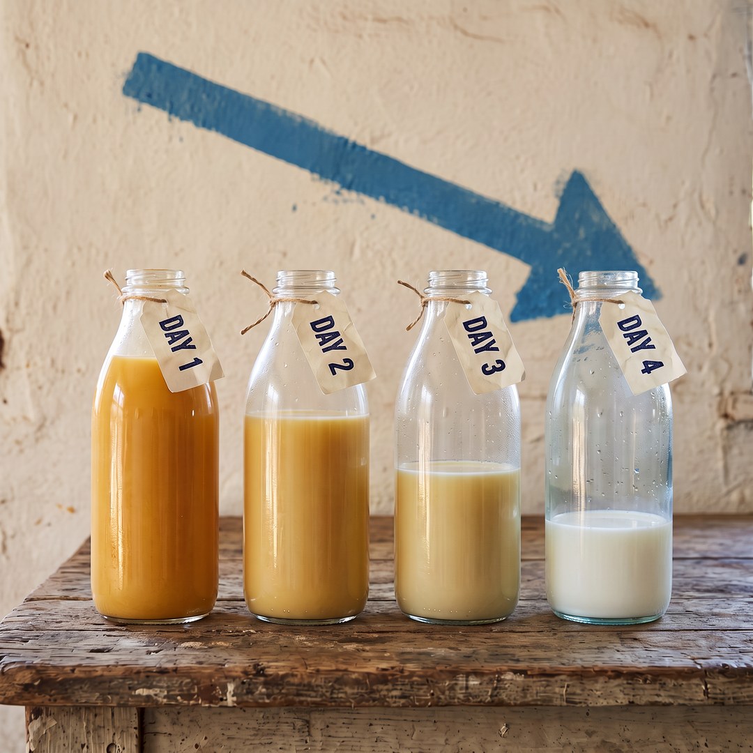 Four milk bottles tagged Day 1 to Day 4, fading from rich golden colostrum to plain white milk