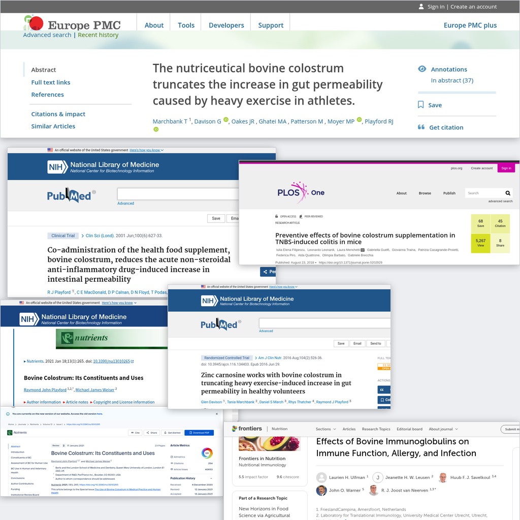 Collage of published research papers on bovine colostrum and gut permeability